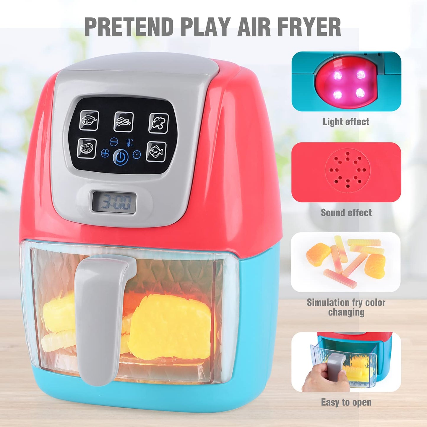 Toy Air Fryer for Kids, Kids Play Kitchen Playset Accessories, Chefs Pretend Kitchen Appliance Toys Oven w/Light, Sound, Play Food Grill Cooking Utensils for Boys Girls Toddlers 2+