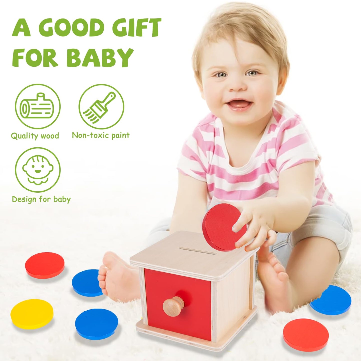 Adena Montessori Coin Lock Box,2 in 1 Object Permanence Box Toys for 1 Year Old Baby Coins,Wooden Mechanisms Help Develop Probelm Solving Skills Toys for 6-12 Month Infant Toys,Learning Kids Gifts