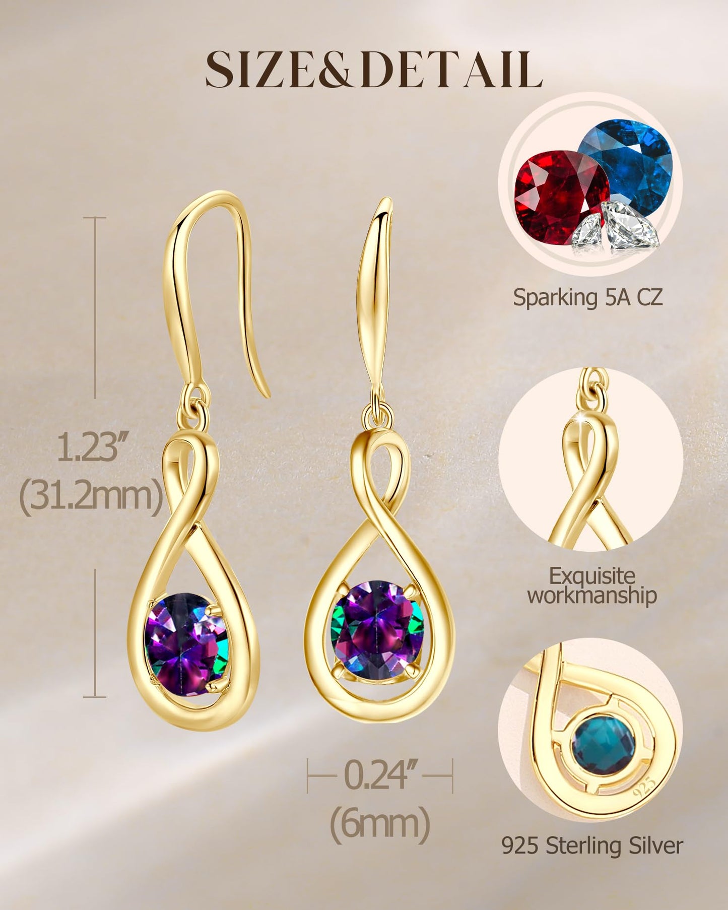 FANCIME Alexandrite Dangle Drop Earrings 925 Sterling Silver Yellow Gold Plated Dainty Infinity Created Gemstone June Birthstone Earring Fine Jewelry Birthday Graduation Mothers Day Gifts for Women Her