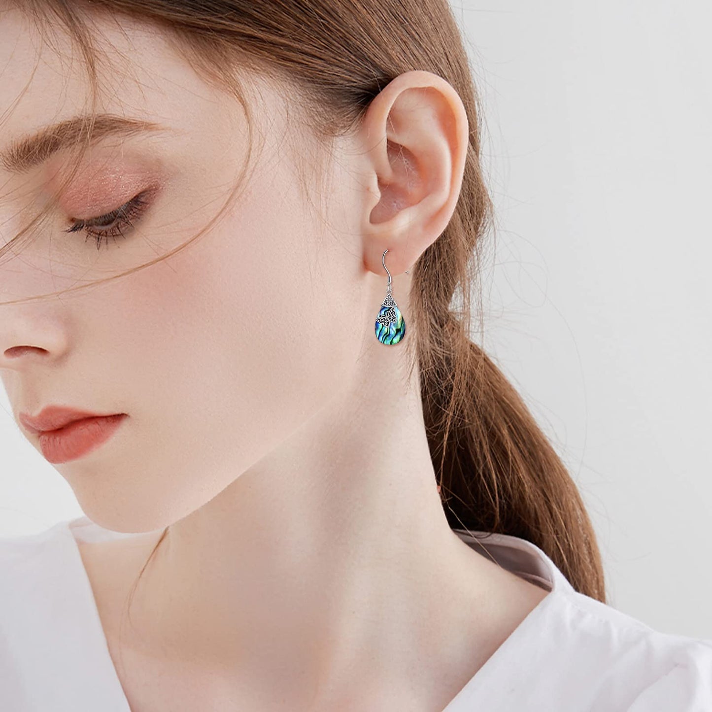 POPLYKE Butterfly Earrings for Women 925 Sterling Silver Leverback Earrings Teardrop Celtic Abalone Earrings Butterfly Jewelry Gifts Birthday
