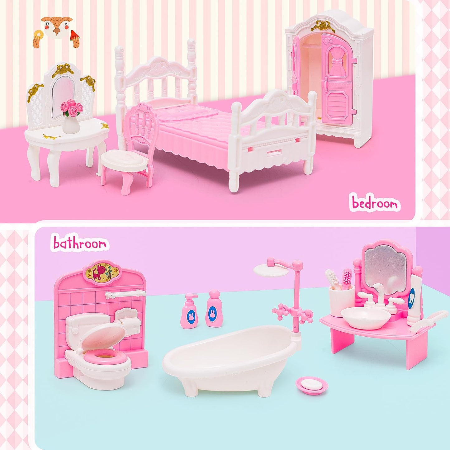 HAPGFS 45 Pcs Dollhouse Furniture Set Accessories Doll House Mini Furniture Pretend Play Bedroom Living Room Bathroom Kitchen for Kids Birthday and Christmas Pink