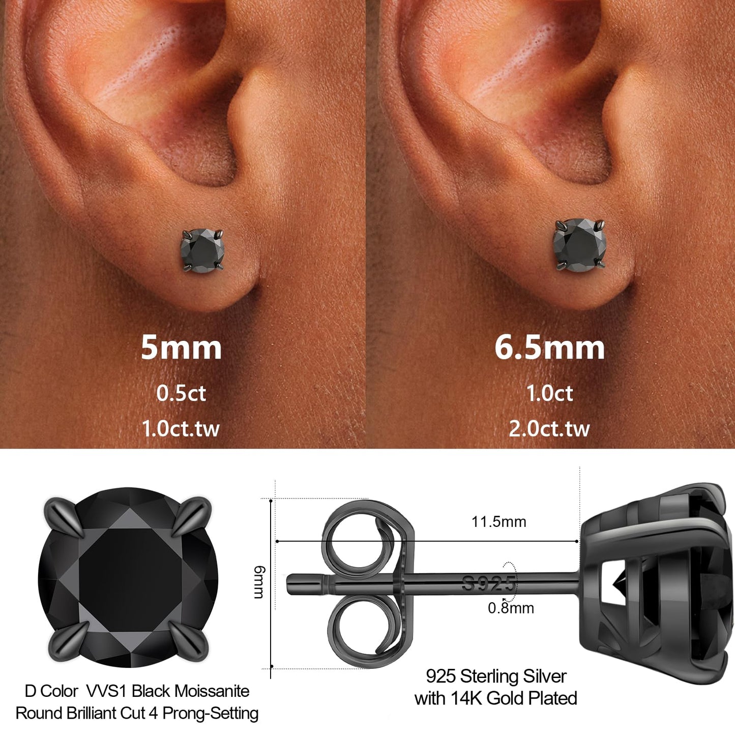 KRKC Black Moissanite Stud Earrings for Men, D Color VVS1 Clarity, Lab Created Diamond Earrings, Vermeil 925 Sterling Silver Hypoallergenic 14K Black Gold Friction Back Earrings Jewelry for Men Women Gift