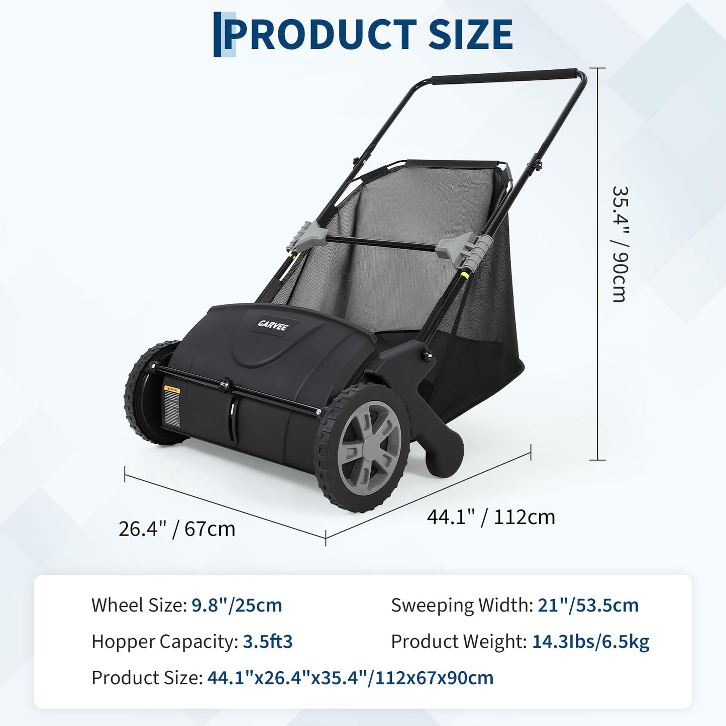 Garvee Push Lawn Sweeper, 21inch Leaf & Grass Collector, Heavy Duty Thickened Steel Durable to Use with Large Capacity 3.5 Cu. ft. Mesh Collection Hopper Bag, 2 Spinning Brushes