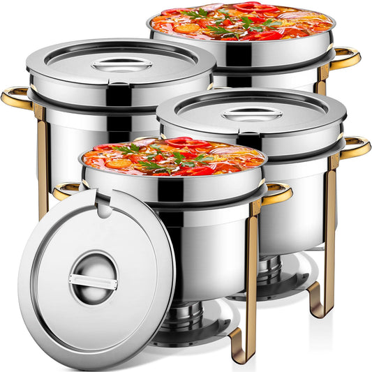 Reallnaive 4 Pack Soup Chafer 11 QT Stainless Steel Round Soup Warmer with Pot Lid and Fuel Holder Commercial Large Marmite Food Warmer for Catering Parties Wedding Banquets Events
