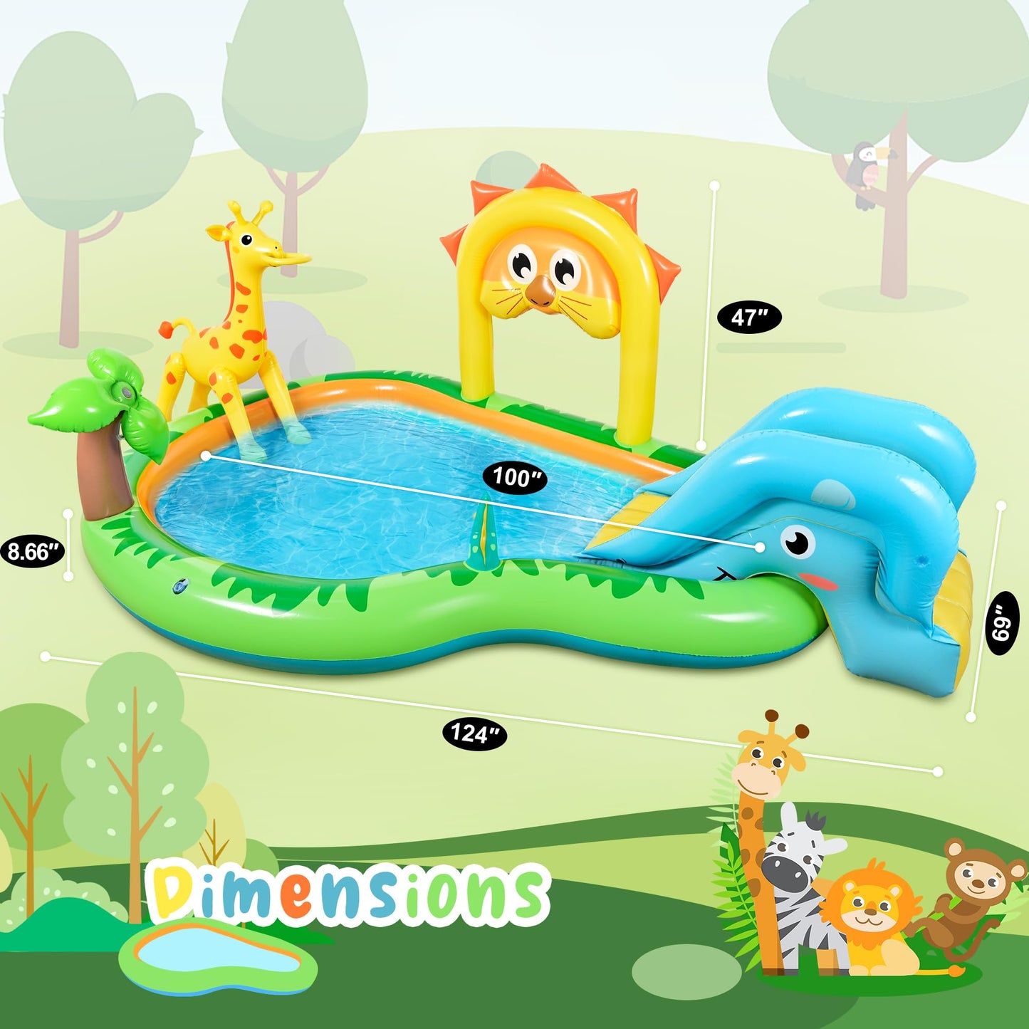 SULIFEEL Zoo-Themed Inflatable Play Center Kiddie Pool with Slide and Sprinkler for Children, 100''x70''x40' in Baby Pool for Backyard and Garden