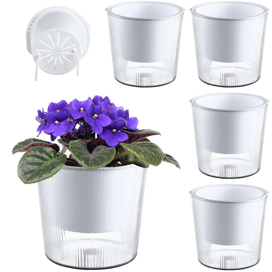 4-Pack 6.5 Inches Clear Self-Watering Planters and Pots for Indoor Plants Large Orchid Plant Pots Plastic Wick Flower Pots, African Violet Pot Set, Home Decor Pot