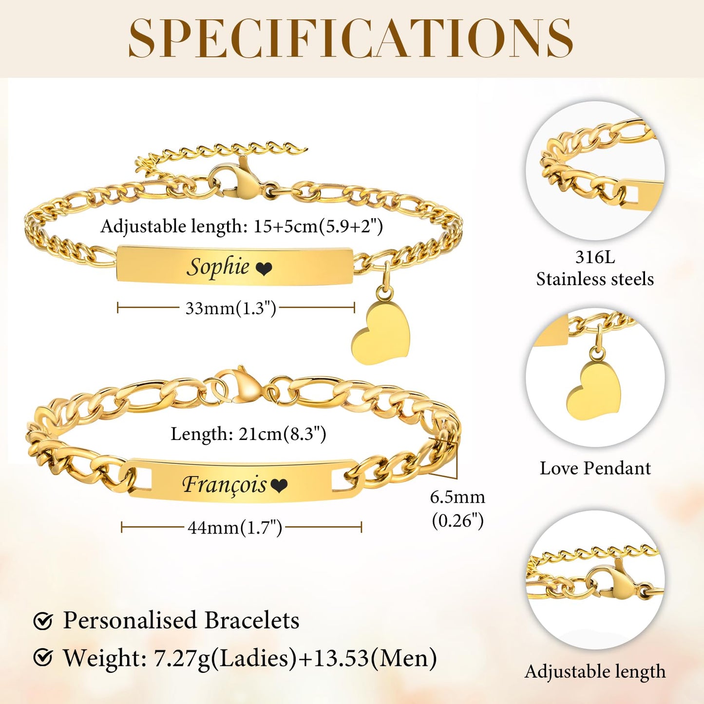 Personalized Matching Bracelet for Couple - Free Engraving Custom Couples Bracelets,Hypoallergenic Adjustable Stainless Steel Long Distance Relationship Jewelry,Promise Bracelet Gifts for Him and Her