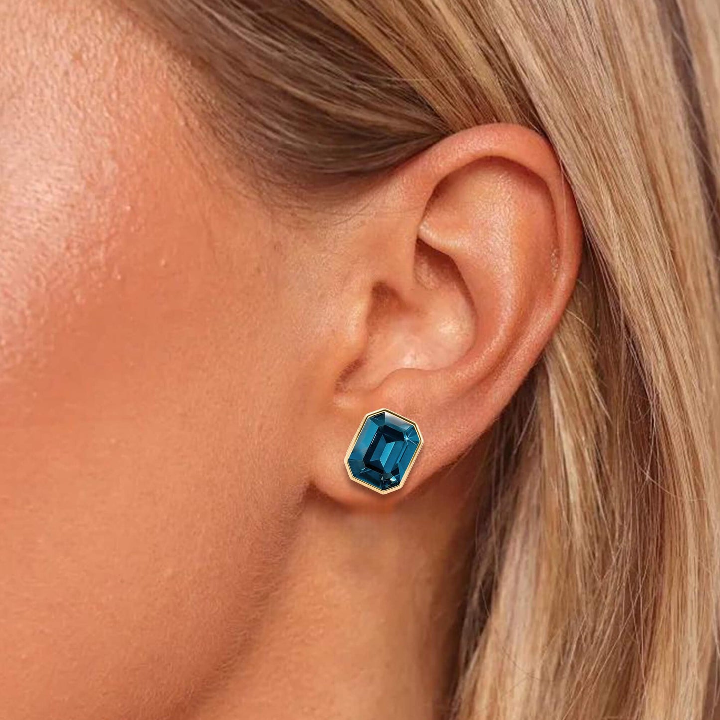 Austrian Crystal Octagon Stud Earrings for Women Fashion 925 Sterling Silver Post Hypoallergenic Jewelry (Dark Blue)