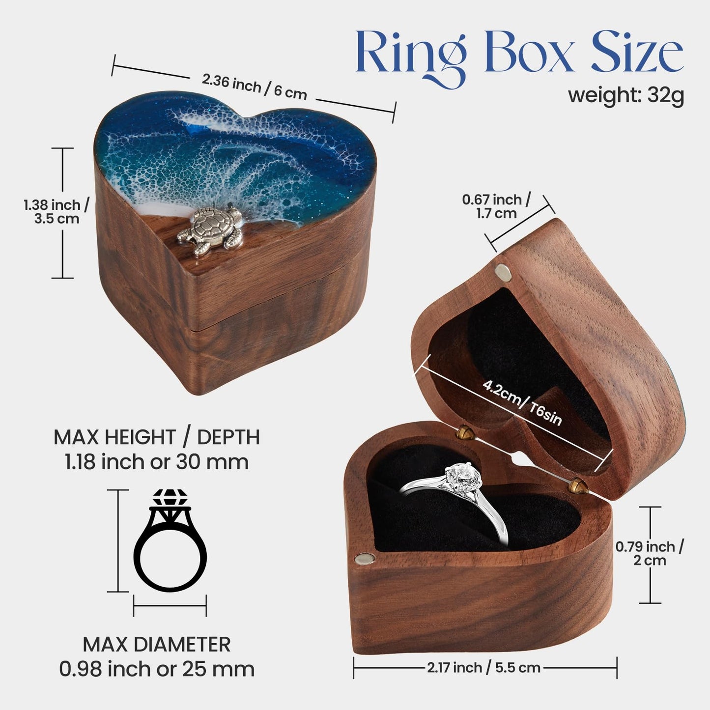 SAMAH Ocean Resin Heart Engagement Ring Box, Birthday Gifts for Women Mom, Personalized Walnut Wooden Ring Box, Ring Display Box for Proposal, Wedding, Anniversary, Valentine's Day, Mothers Day Gifts