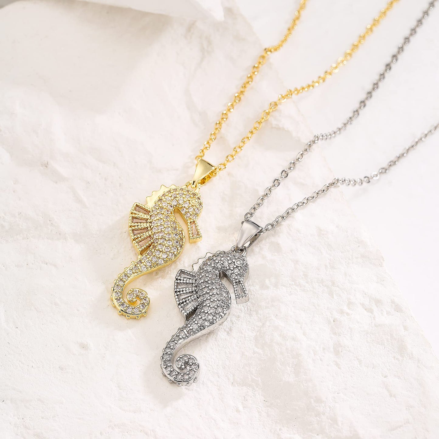 cmoonry 18K Gold Plated CZ Zircon Seahorse Pendant Necklace For Women 17.7"+2" (Gold)
