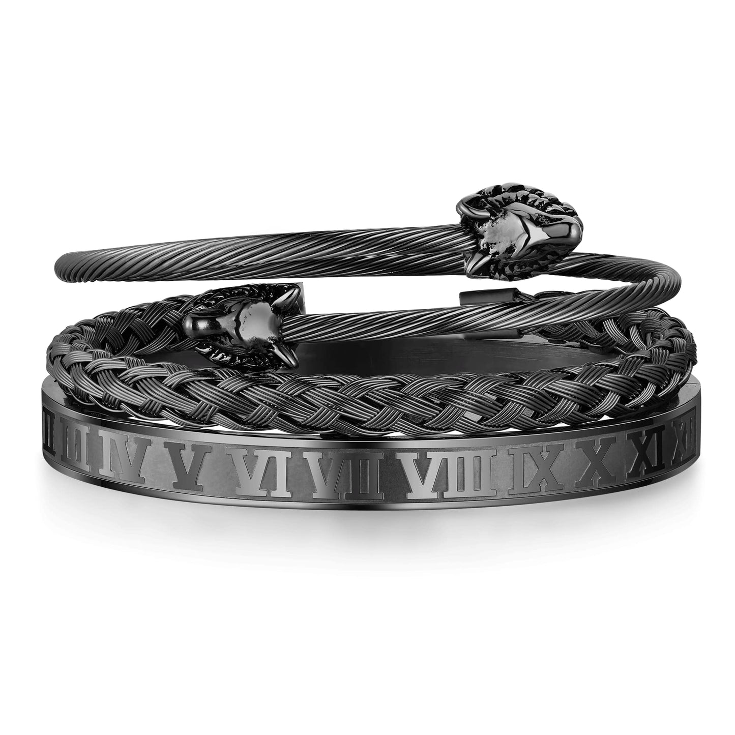 WFYOU 3PCS Stainless Steel Bracelets for Men Gold Roman Numeral Bangle Bracelet Twisted Cable Bracelet Adjustable Cuff Bracelet Mens Luxury Jewelry Bracelets Gifts(M:Black)