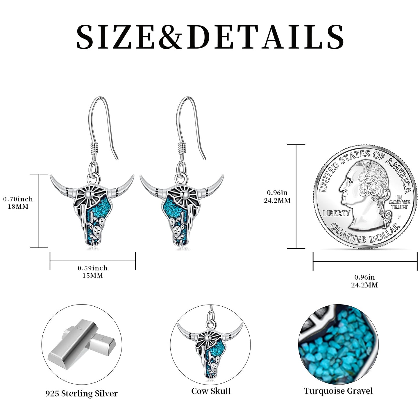 KoyeKei Cow Skull Earrings for Cowgirl Cowboy Sterling Silver Texas Longhorn Cactus Turquoise Dangling Drop Earrings Western Jewelry Country Christmas Graduation Gifts for Women