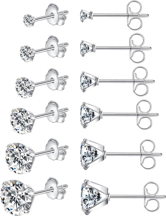 6 Pairs Stud Earrings for Women Men, Hypoallergenic Cubic Zirconia 316L Earrings Surgical Steel Earrings for Sensitive Ears, CZ Cartilage Stud Earrings Set for Multiple Piercing 3-8mm