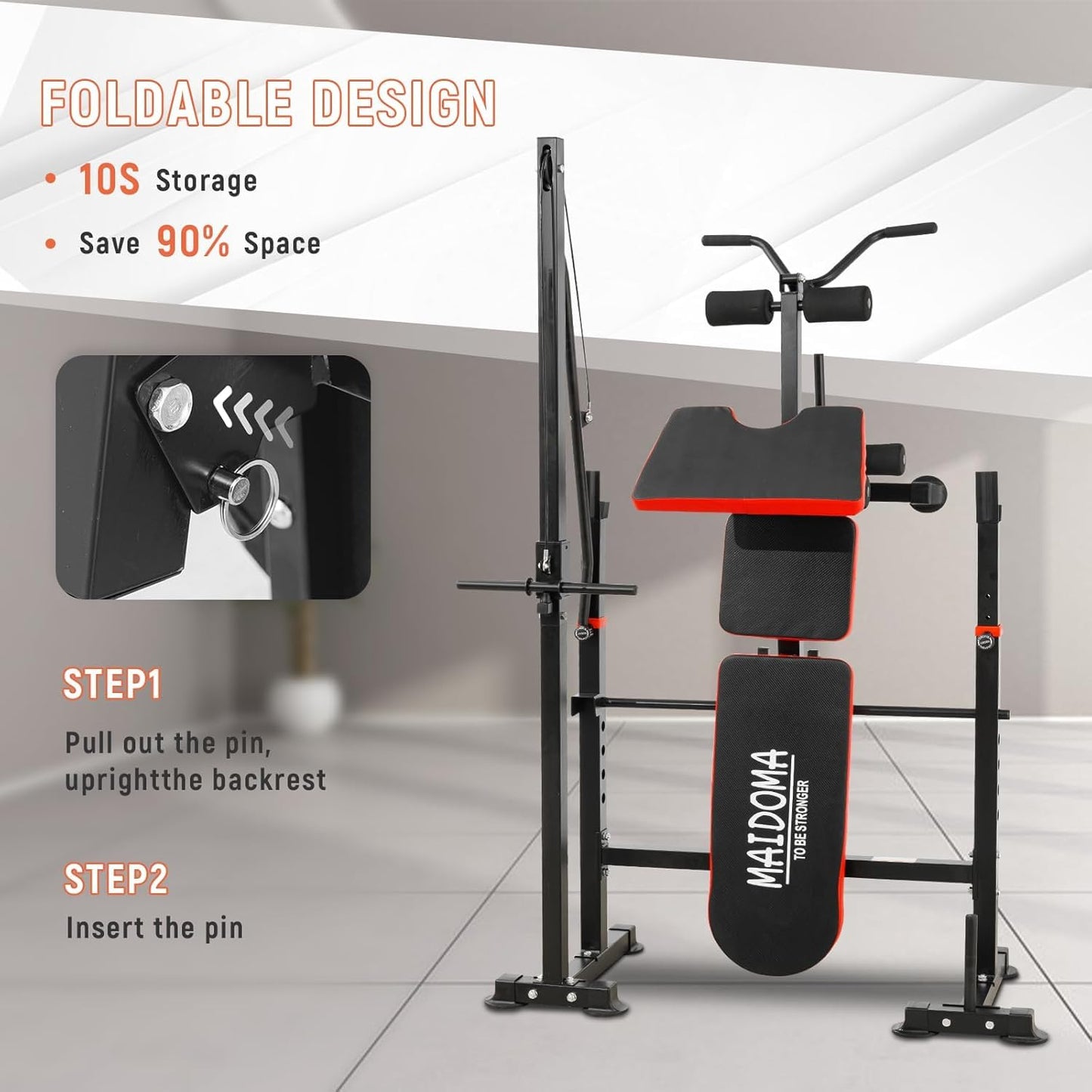 MAIDOMA Foldable 1500LBS 8 IN 1 Olympic Weight Bench Set with Squat Rack, Leg Extension/Curl & Preacher Curl, Adjustable Bench Press Set with Safety Bar Catches for Home Gym Full Body Workout