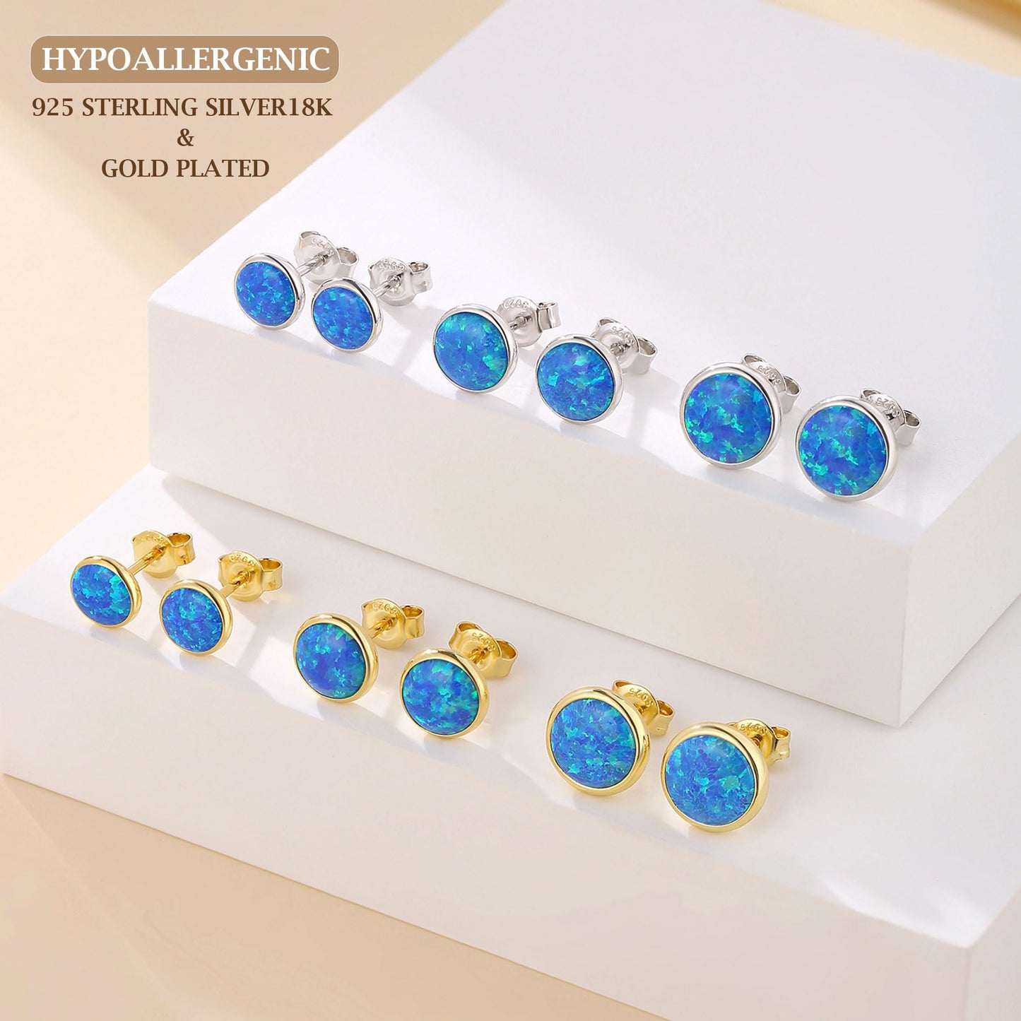 JiayangJY Silver Blue Fire Opal Stud Earrings for Women 18K White Gold Plated Sterling Silver Round Shape 6mm Opal Earrings with Push Back