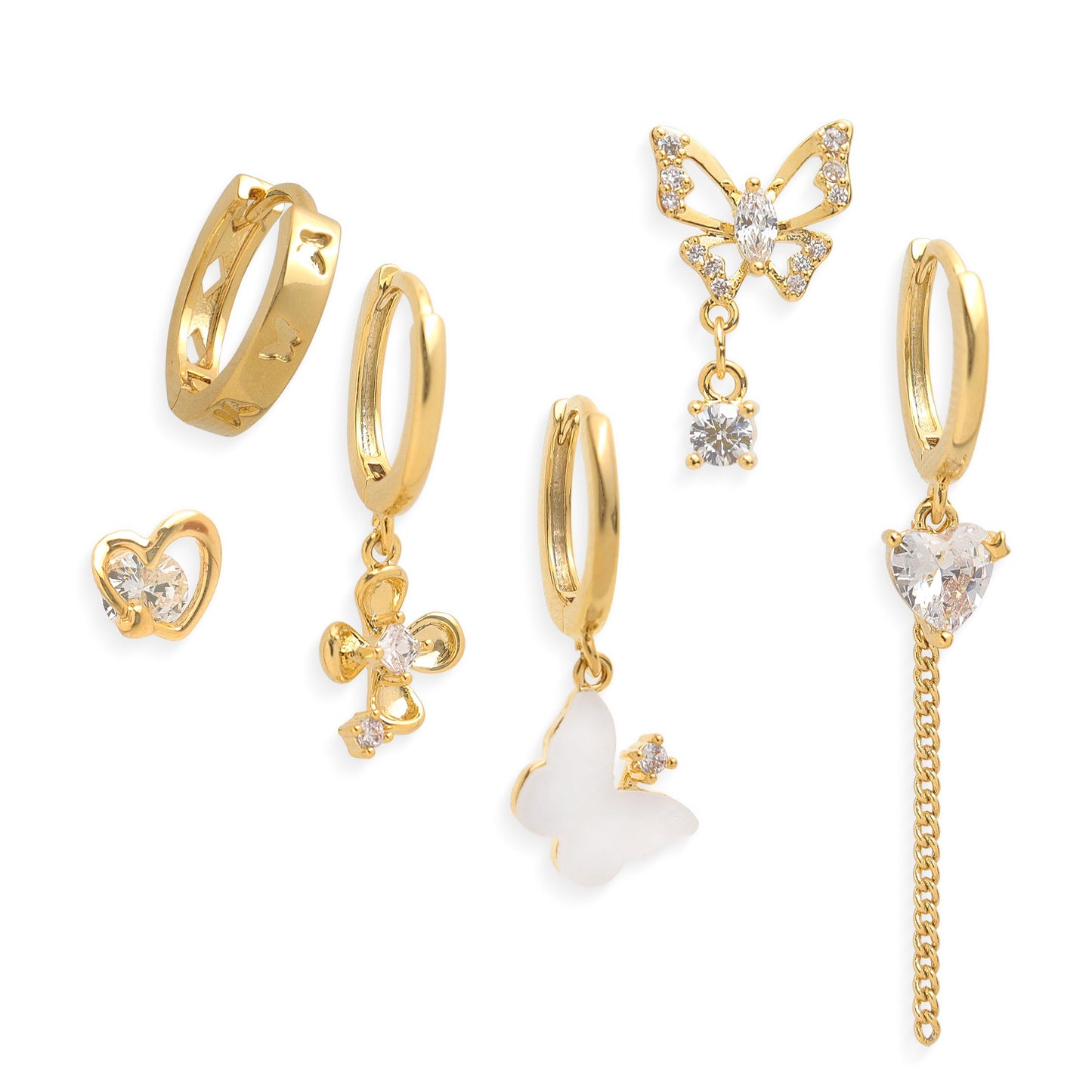 Frigotine Gold Butterfly Heart Small Hoop Stud Earrings Stack Set for Women, Dainty Sparkly Rhinestone Crystal Drop Multiple Piercing Cartilage Huggie Earing Holiday Prom Fashion Jewelry Gift