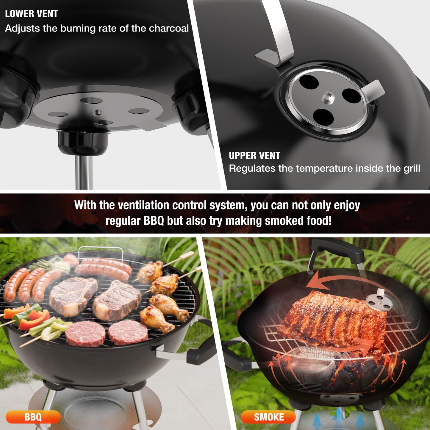 GRiliFE 18 inch Charcoal Grill, Portable Kettle BBQ Grills, Perfect BBQ Gift, Durable & Easy to Assemble, Round Barbecue Grill with Wheels and Lid for Outdoor Cooking, Patio and Beach, Black