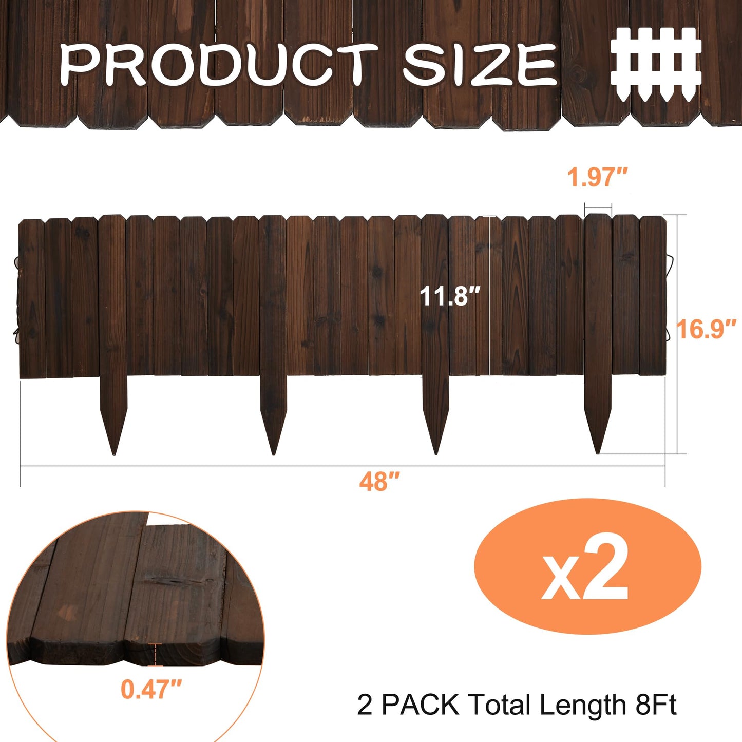 GHWIE Wooden Garden Fence Wood Garden Edging Border Decorative Landscape Border Edging,Planting Tree Fence Yard Patio Path Edging Landscape Edging Flower Bed Fences-11.8'' H x 48'' L (1PACK)