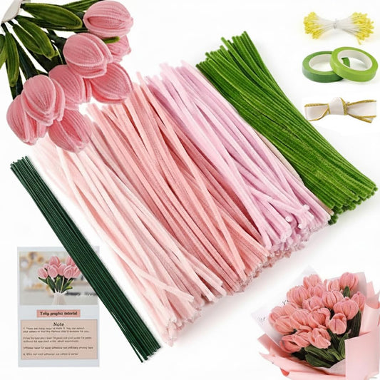 480 Pcs Pipe Cleaners for Flower Making, Multi-Colored Chenille Stems - Complete Arts and Crafts Supplies Kit for DIY Flowers, Home Decor, Kids and Adult Art Projects (Pink)