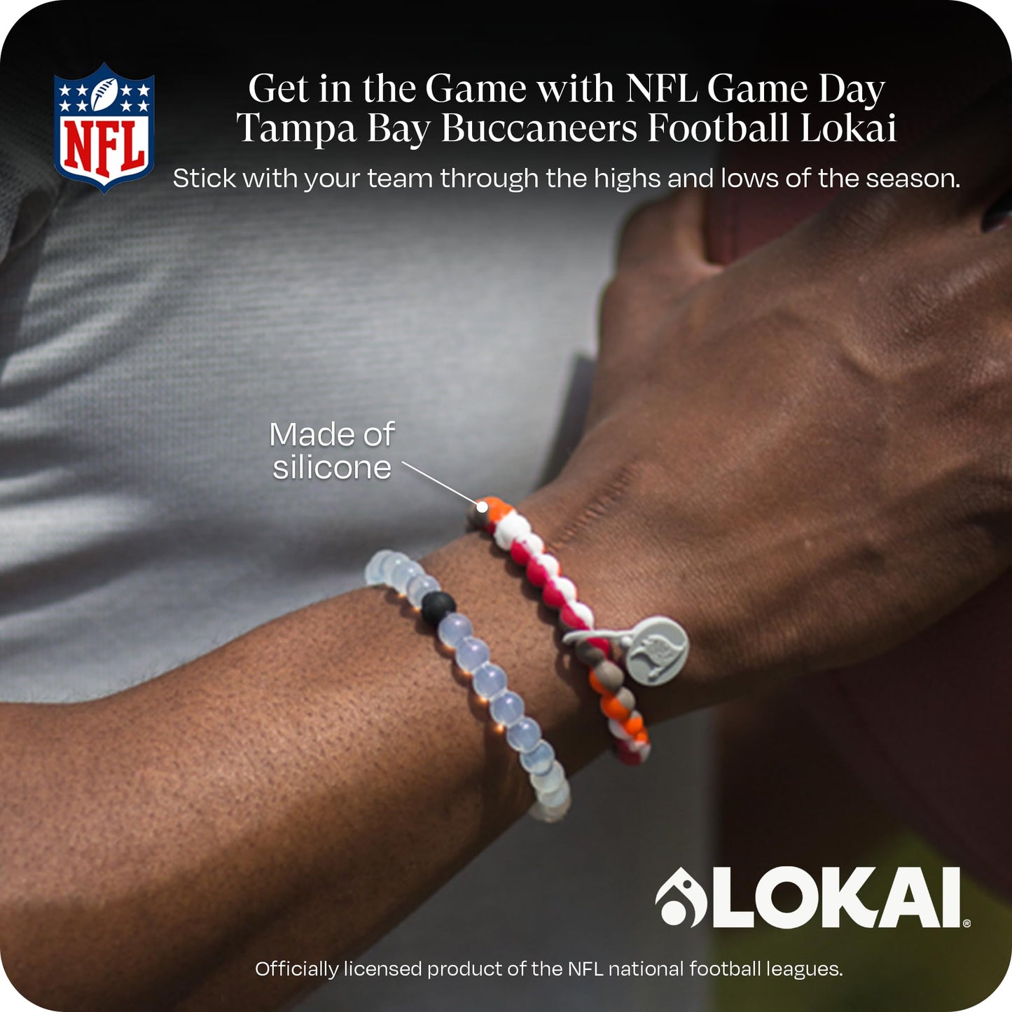 Lokai Silicone Beaded Bracelet for Men & Women, NFL Football Collection - Tampa Bay Buccaneers, Medium - Silicone Jewelry Fashion Bracelet Slides-On for Comfortable Fit