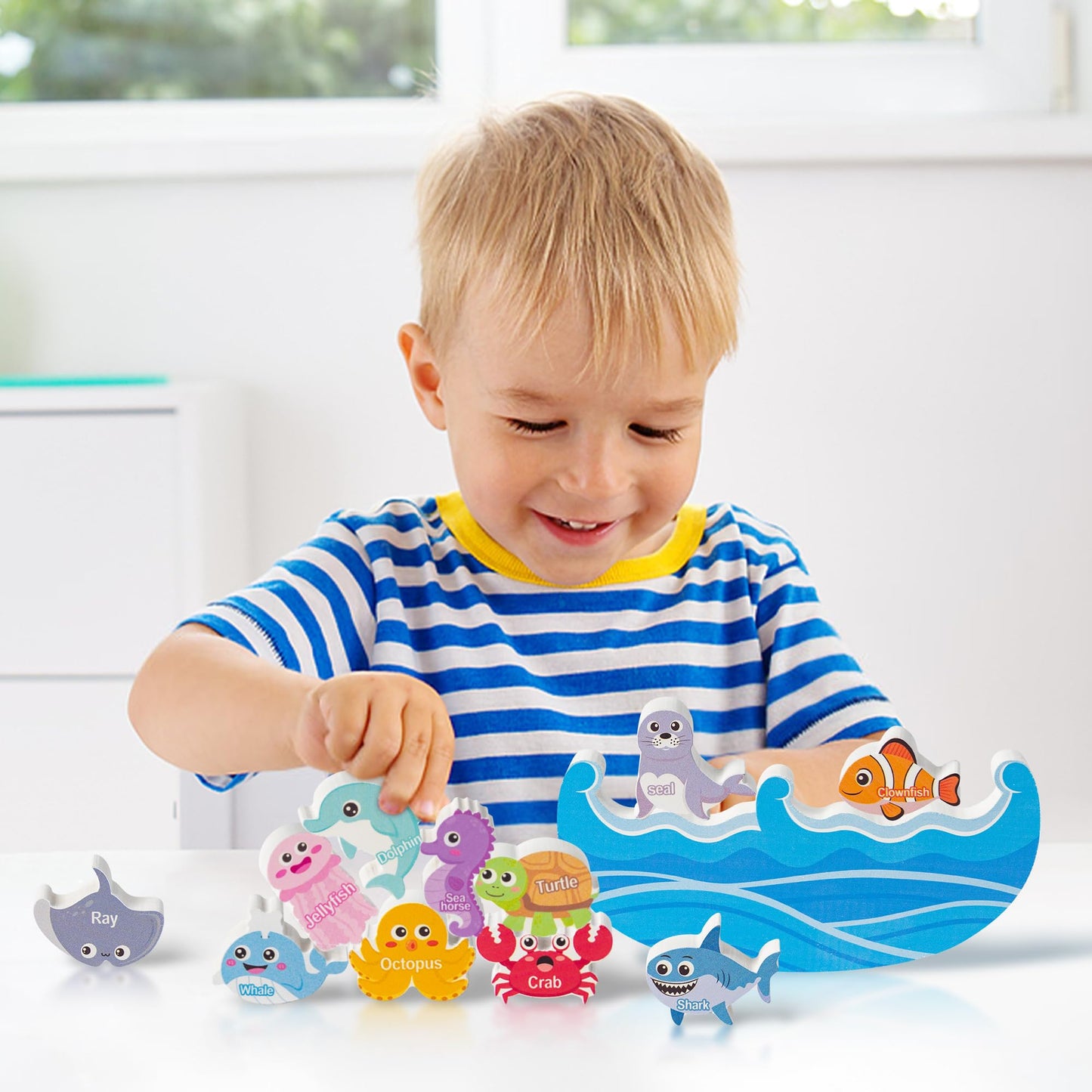 FoszaSzept Wooden Stacking Toys, Animal Wooden Balance Stacking Toys with Drawstring Bag, Montessori Balance Competition Storage Game for Party Favors Birthday Gifts（Ocean）