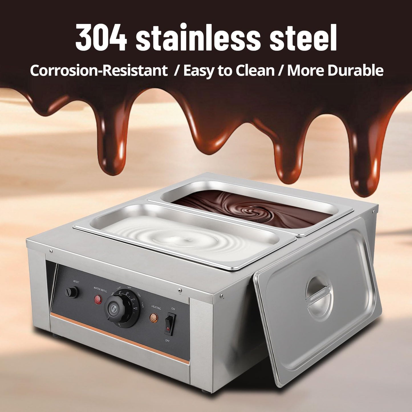 GarveeHome Chocolate Tempering Machine - 4.12 QT *2 Tanks, Temp Control 86~176℉, 1500W Stainless Steel Electric Commercial Food Warmer for Chocolate/Milk/Cream Meltingream Melting
