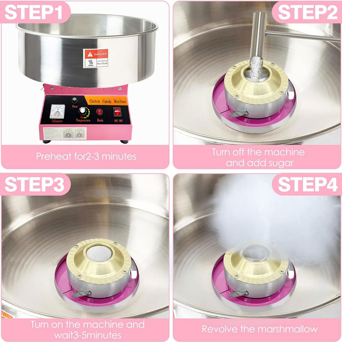 Cotton Candy Machine Commercial, 20" Electric Cotton Candy Maker, 1080W Candy Floss Maker with Sugar Scoop and Lights Music, Perfect for Family Party Amusement Park Carnival