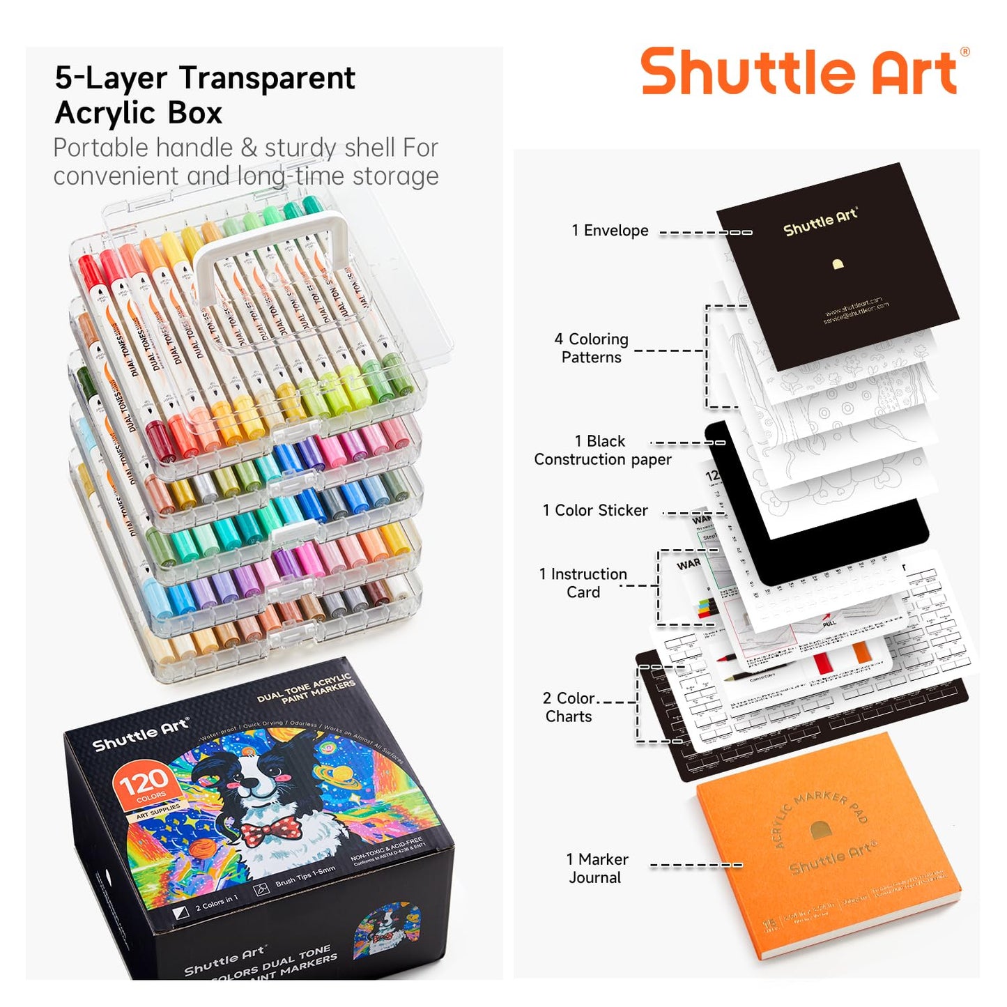 Shuttle Art 120 Colors Dual Tone Acrylic Paint Markers, 60 Pack Acrylic Paint Pens Set for Rock Painting, Ceramic, Wood, Canvas, Glass, Stone, Fabric, Card Making, DIY Crafts & Art Supplies