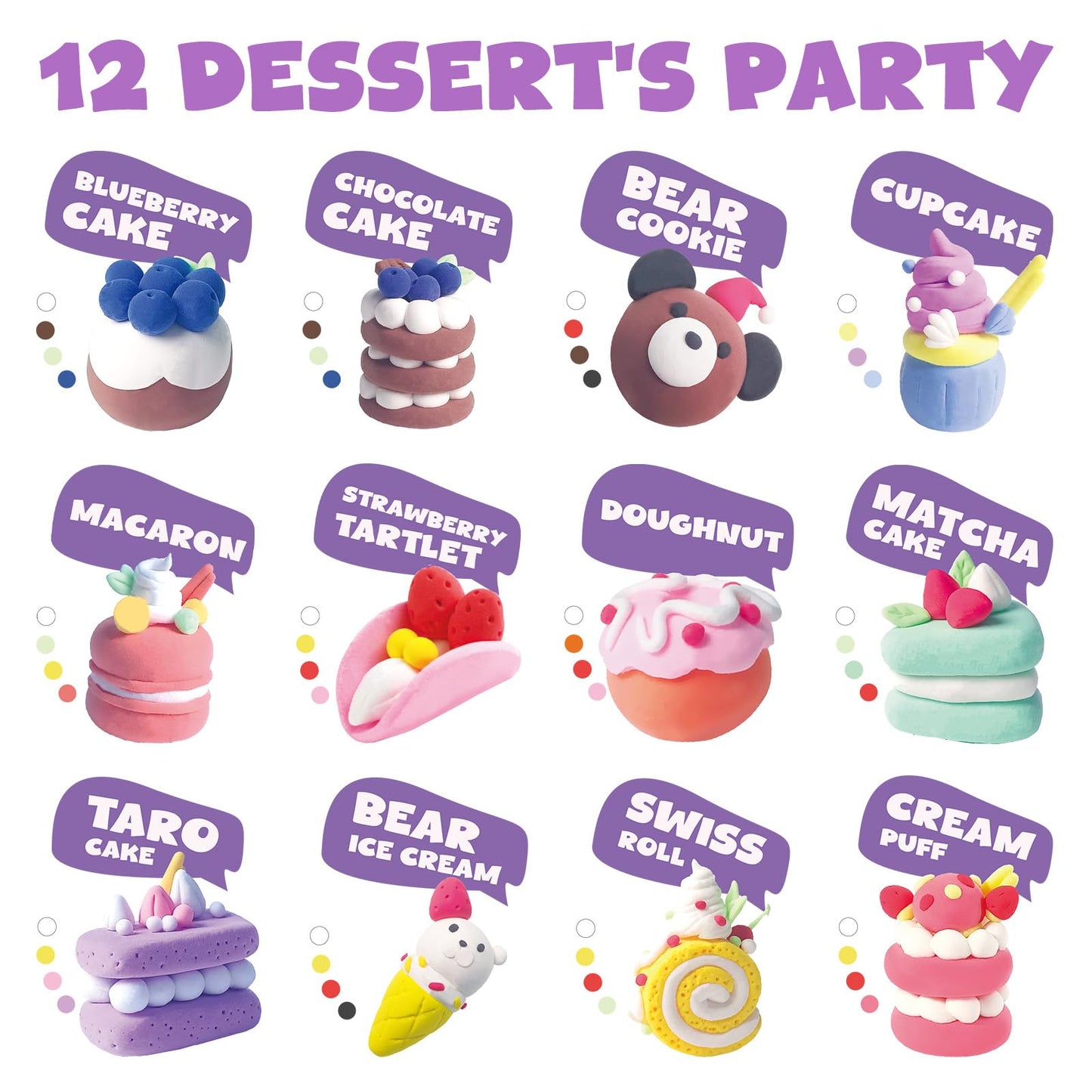 Air Dry Clay for Kids,12 Desserts Theme Party Foam Clay,Ultra Light Modeling Clay Kit, DIY Art and Home Party Favors for Boys & Girls (Dessert)