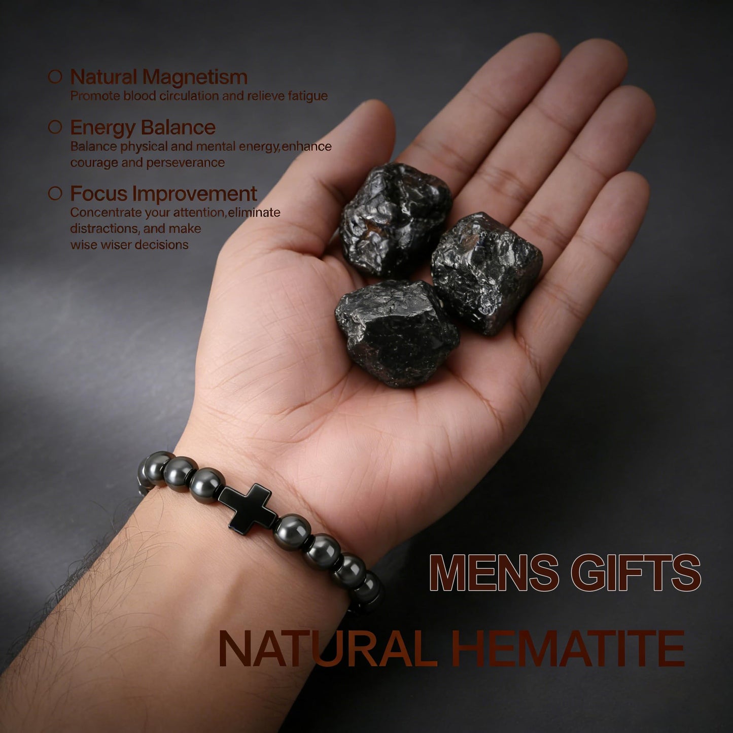 MOJOROUS Hematite Cross Bracelet for Men 8mm Black Obsidian Hematite Tiger Eye Beaded Natural Stone Protection Bracelets Birthday Jewelry Gifts Cross Christian Gift for Him Husband Son