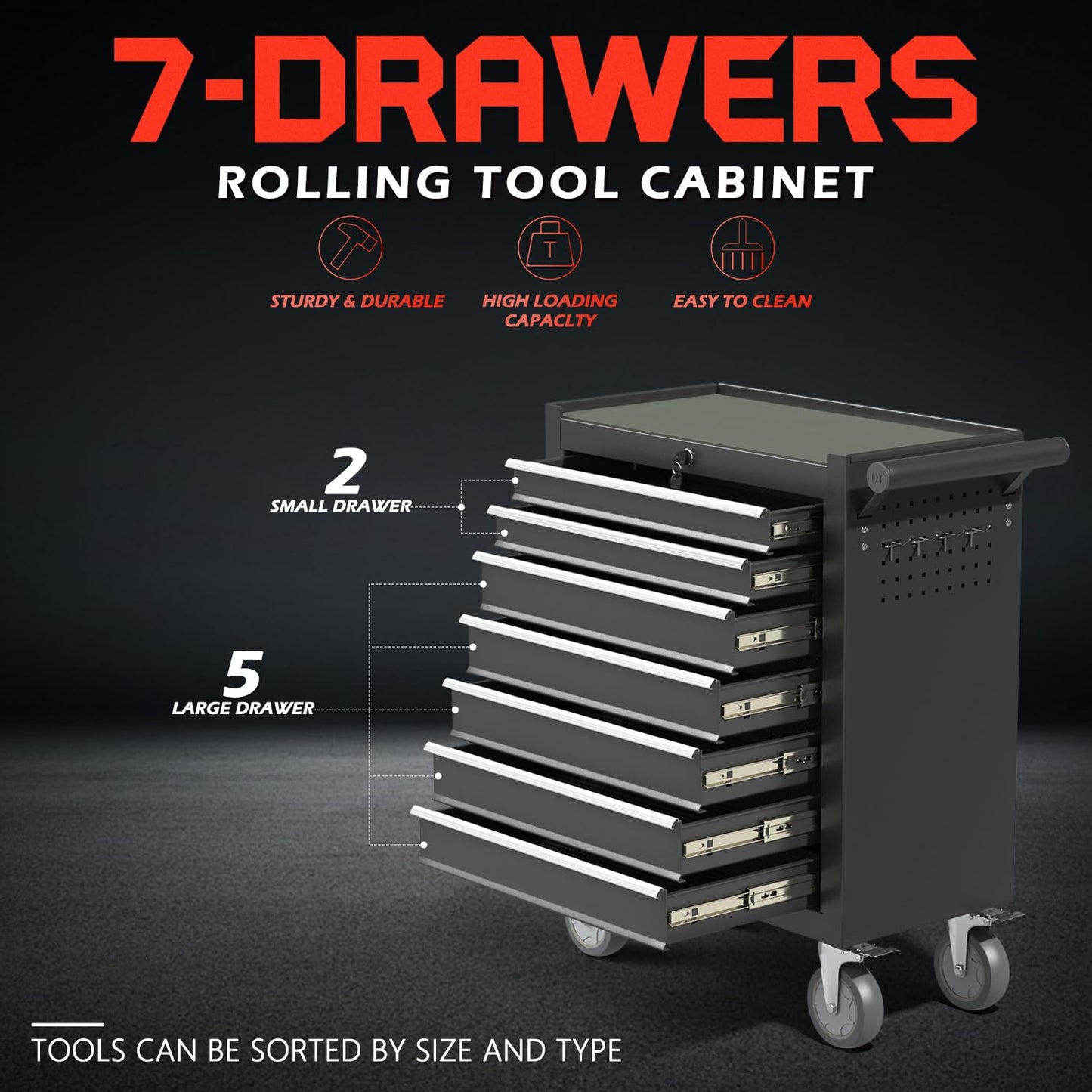 7-Drawer Rolling Tool Chest,Metal Rolling Tool Chest with Wheels and Locking Tool Box,Portable Metal Tool Box for Warehouse,Garage, Repair Shop, Workshop (Black, 7-Drawer)