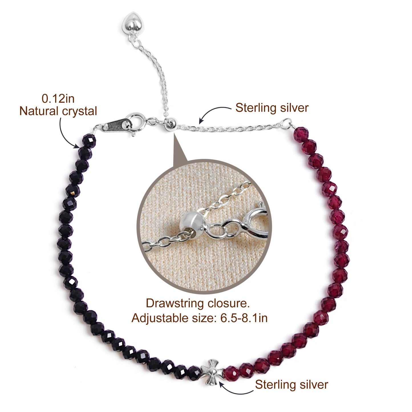 TAGREVO Natural Garnet & Black Spinel Crystal Two-Tone Faceted Bead Bracelet, 925 Silver Cross Charm Jewelry for Women, Handmade Adjustable Dainty Gemstone Beads for Daily Wear