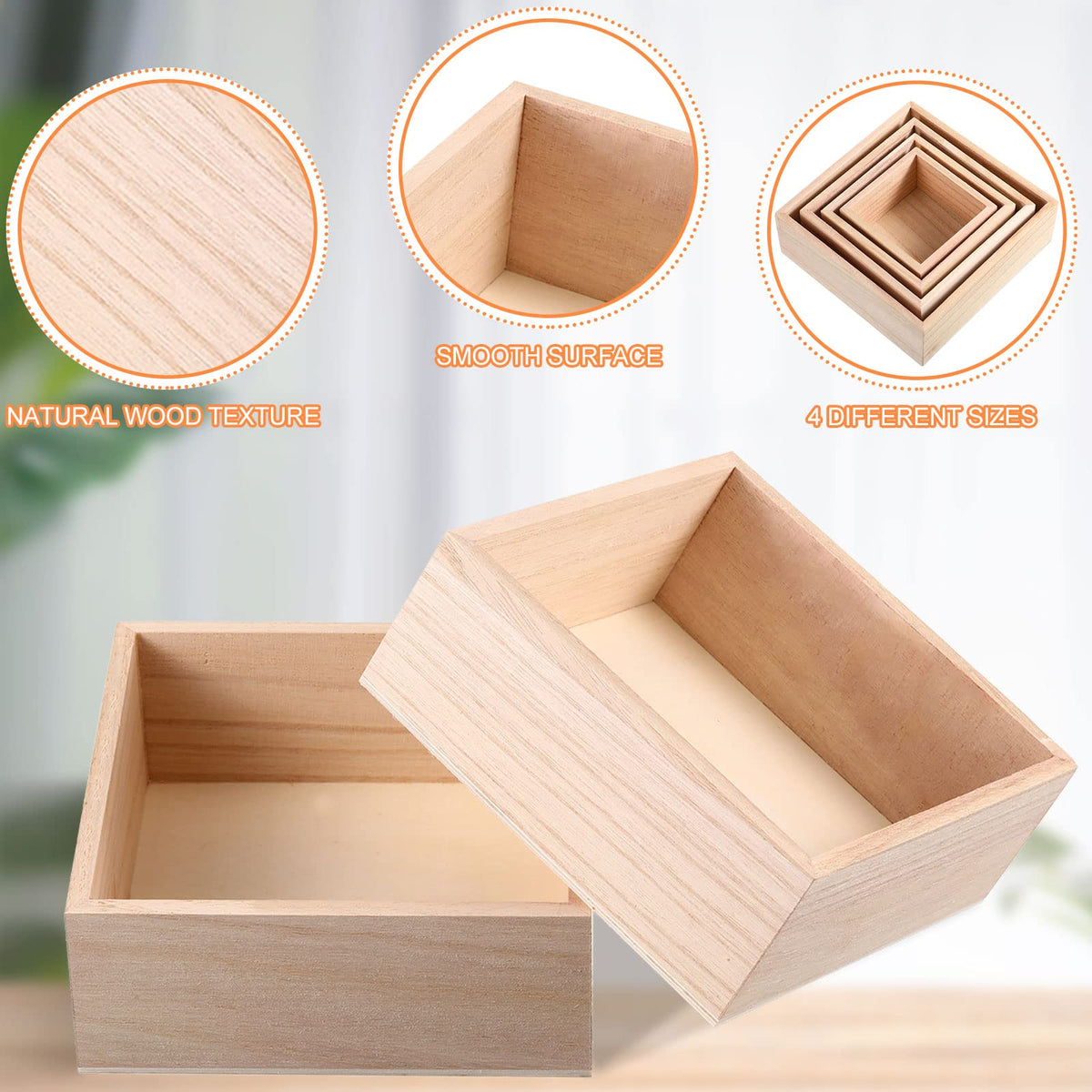 Yookeer 16 Pcs Unfinished Wooden Boxes 4 Size Wood Box Rustic Wooden for Crafts Wood Crates Square Storage Centerpiece for Table Home Drawer Decor Treasure, 4 x 4, 5 x 5, 6 x 6, 7 x 7 Inch