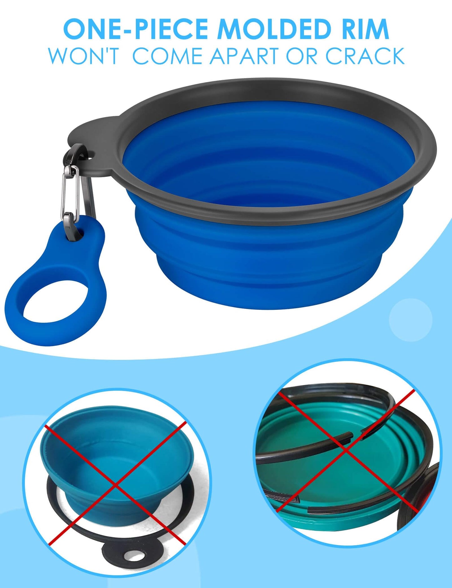 Aonkey Collapsible Dog Bowls with Bottle Carrier, 2 Pack Travel Dog Water Bowl Upgraded Carabiner, One-piece Molded Rim No Fall Off or Crack, Foldable Silicone Portable for Pets Walking Hiking 15oz
