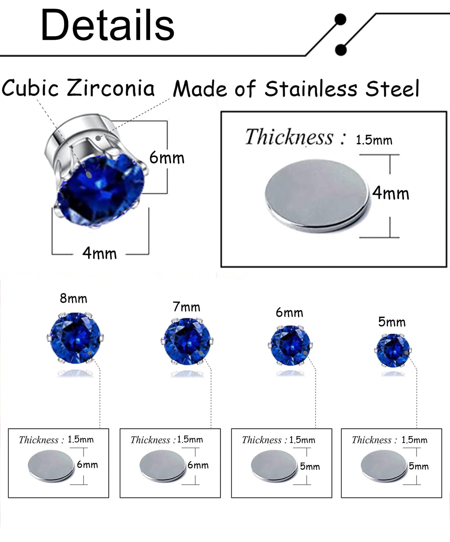 Ofeiyaa 15 Pairs Magnetic Stud Earrings Cubic Zirconia Non-Piercing Earrings Set Clip on Fake Earring Jewelry for Women Men 4-5-6-7-8MM White Black Blue Color