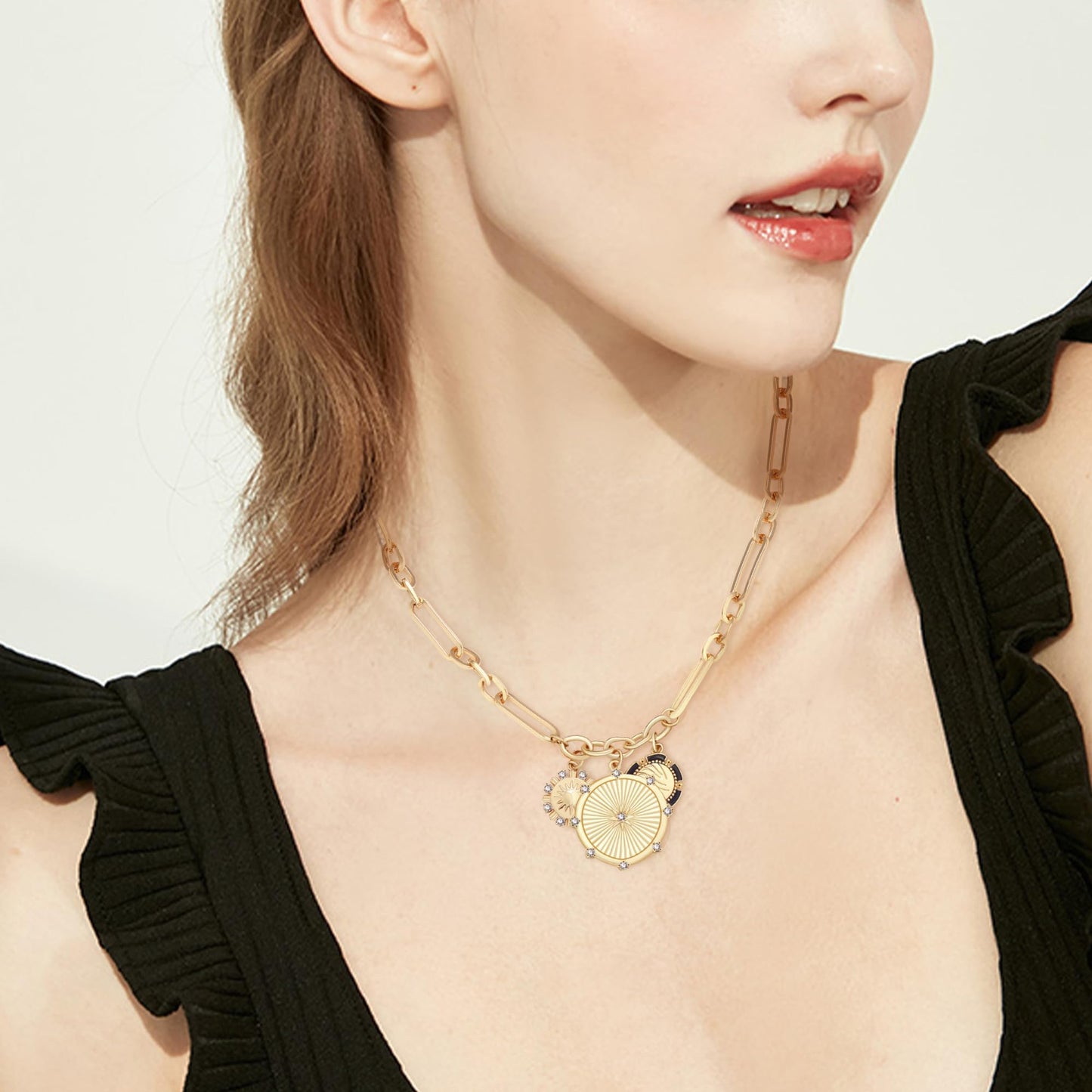 BONJOULRY Chunky Gold-Plated Necklace for Women Charm Necklace for Women Paperclip Chain Sunflower Necklace Chunky Jewelry Fashion Hip Hop Gift