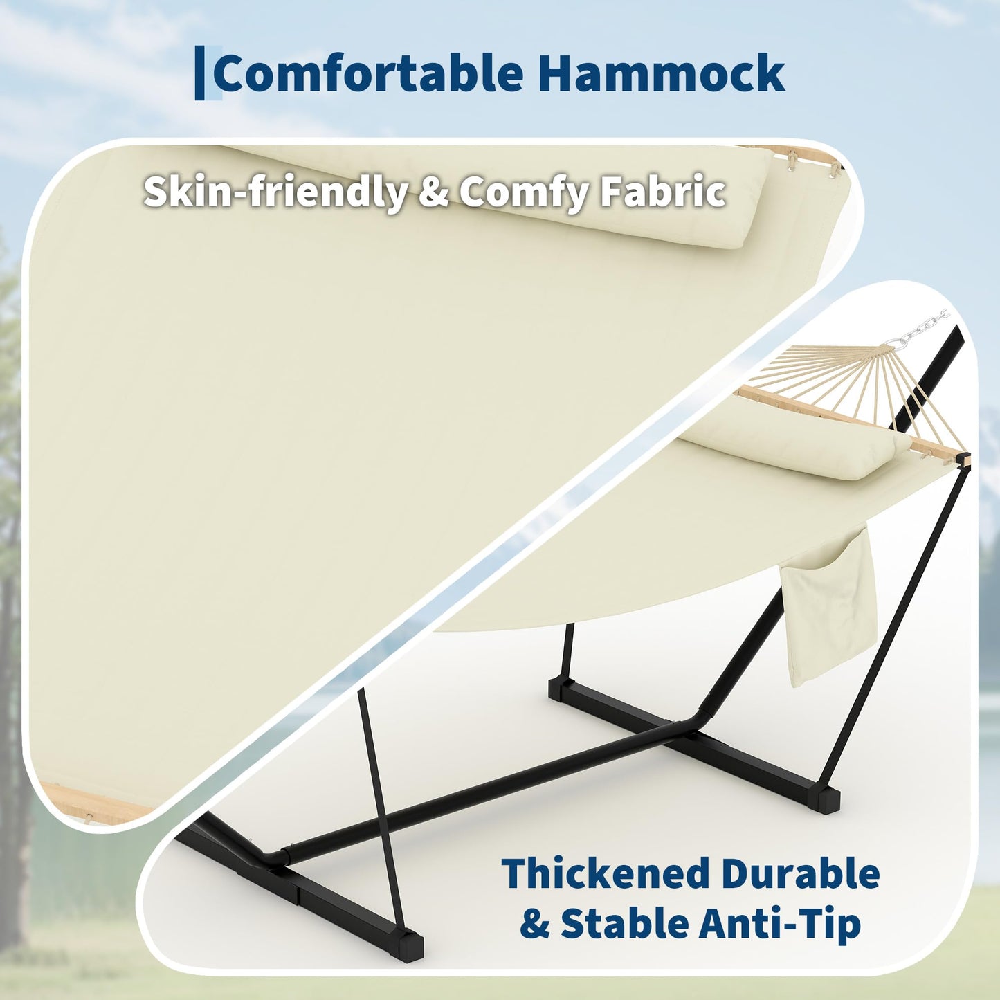 Garvee Double Hammock with Stand for Outdoor, Heavy Duty Portable 2 Person Hammock with Adjustable Steel Stand for Patio, Garden, Beach, Backyard