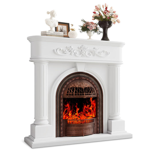 50” Solid Wood Electric Fireplace with Mantel, White Roman Column TV Stand with Bronze Birdcage Heater Insert, Elegant Fireplace for Living Room, Bedroom & Entryway