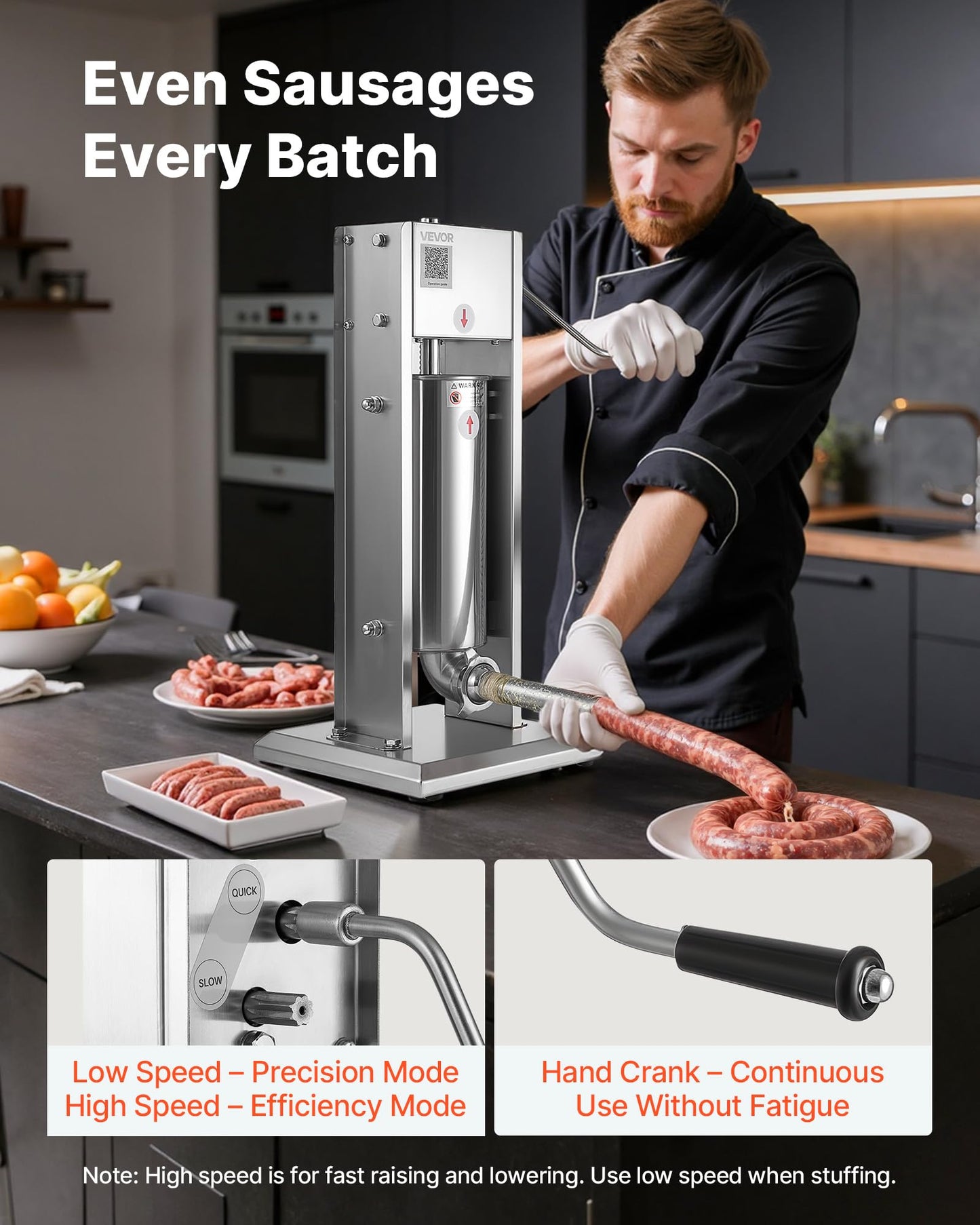 VEVOR Manual Sausage Stuffer, 11 LBS / 5 L Vertical Meat Stuffer, Dual-Speed Sausage Casing Meat Filling Machine, Stainless Steel Heavy Duty Filler with 5 Stuffing Tubes, for Commercial & Home Use