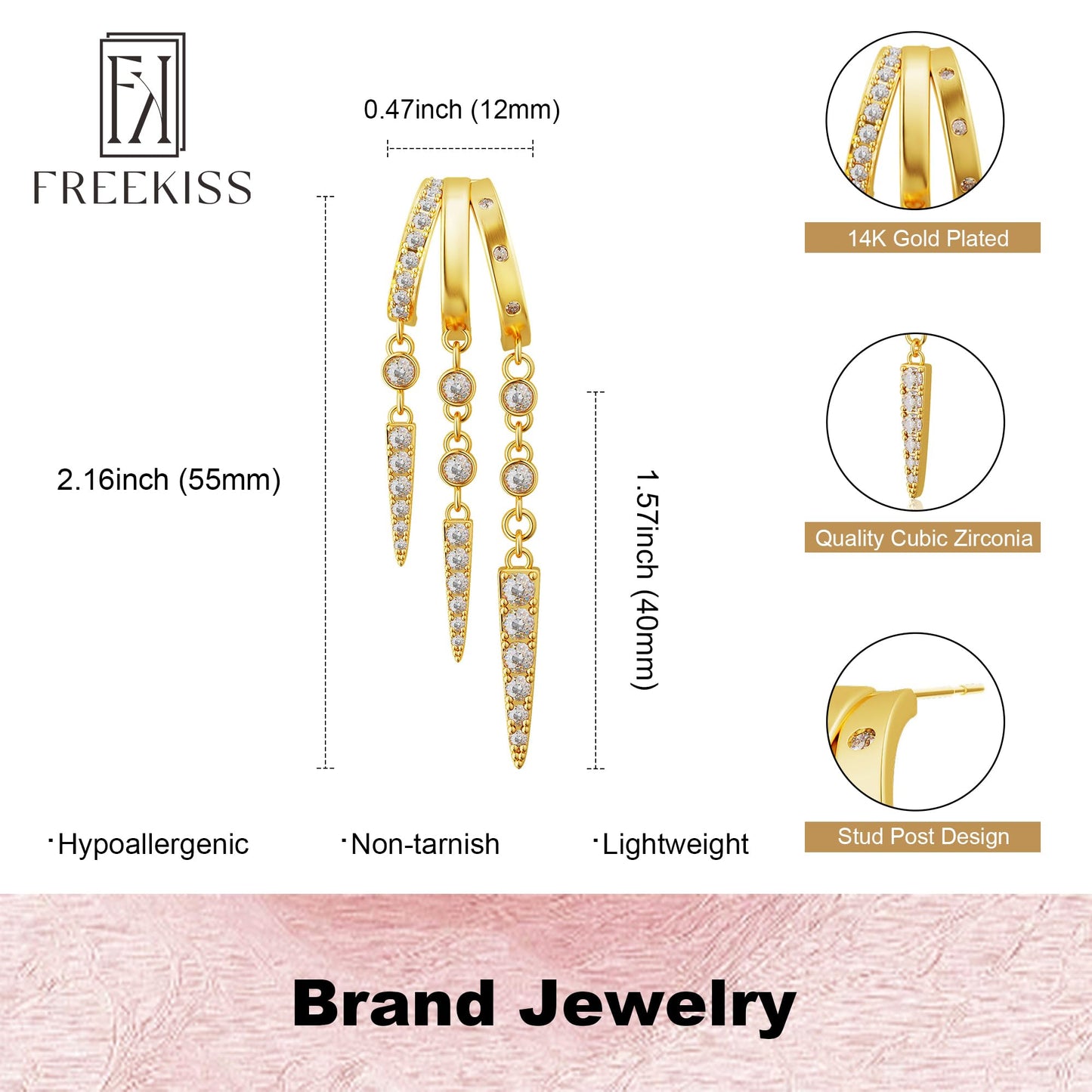 Freekiss Gold Long Dangle Earrings for Women, 3 Hoop Illusion Huggie Diamond Drop Earrings, Dainty Simple 14K Gold Plated Hypoallergenic Statement Stud Earring Set Jewelry for Women