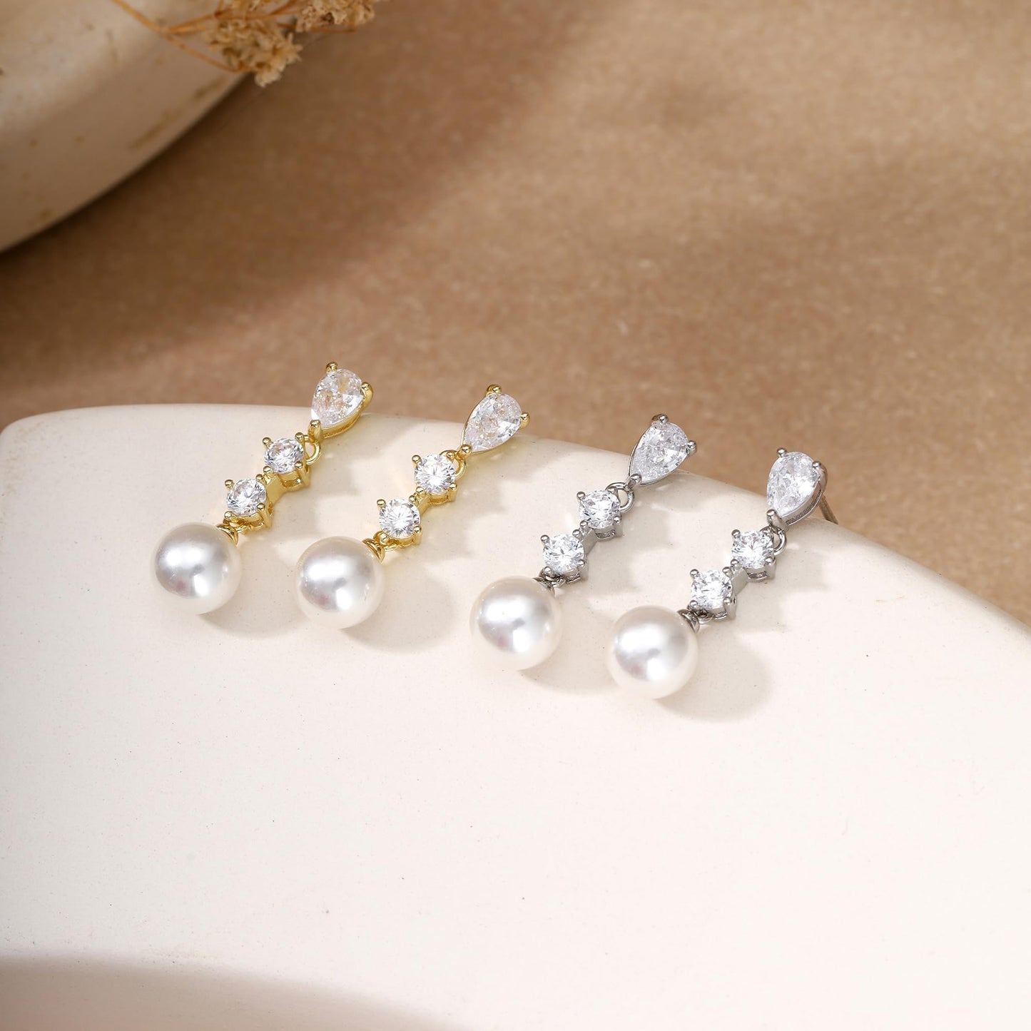 Solistra Pearl Earrings for Women Dainty Diamond Flower Silver Plated Dangle Earrings for Weddings Gifts Bridesmaid Gifts