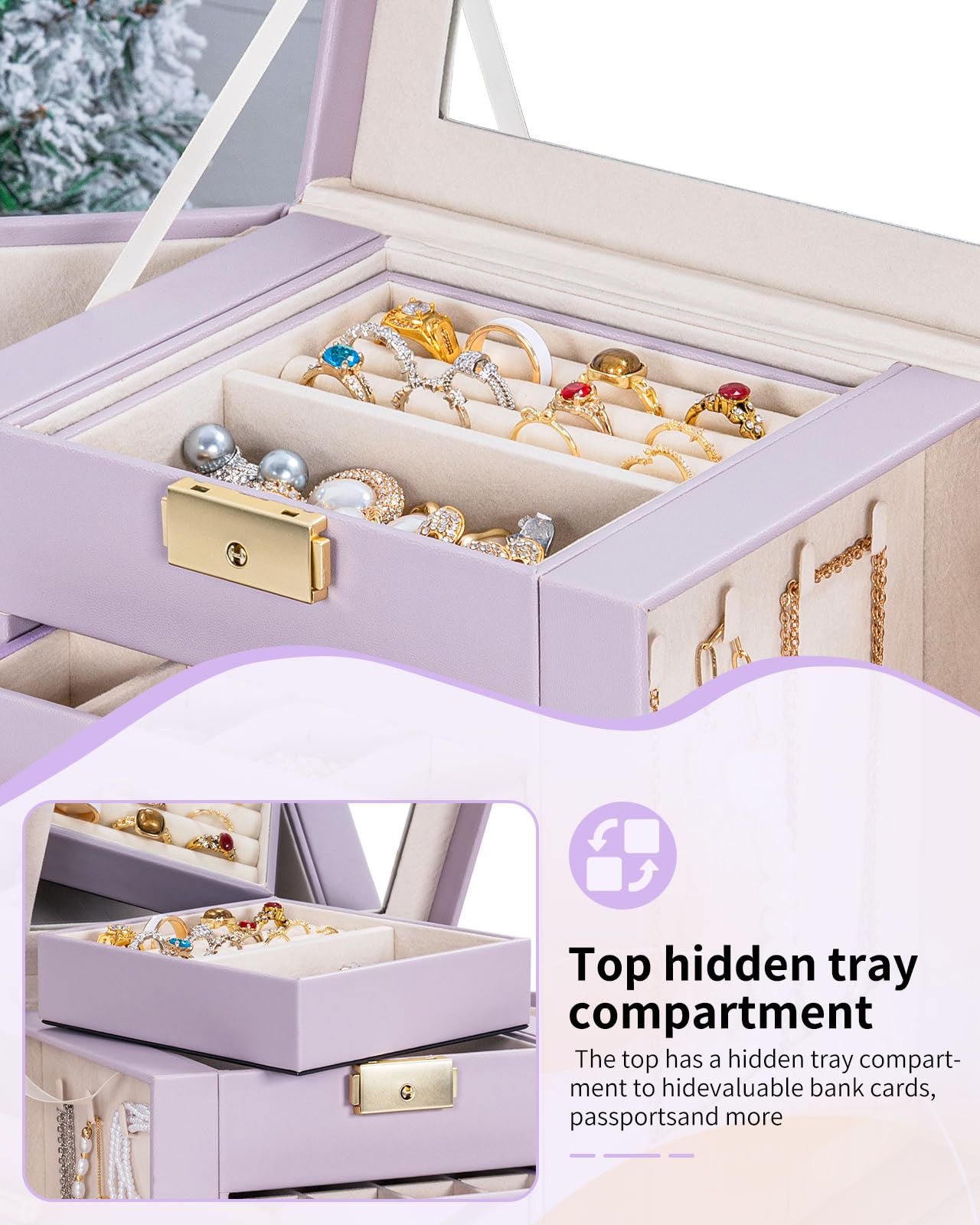 AKOZLIN 5-Tier Jewelry Box Leather Jewelry Storage Organizer with 4 Drawers Lockable for Women Girls Ring Necklace Earring Bracelet Watches Holder with Mirror Purple