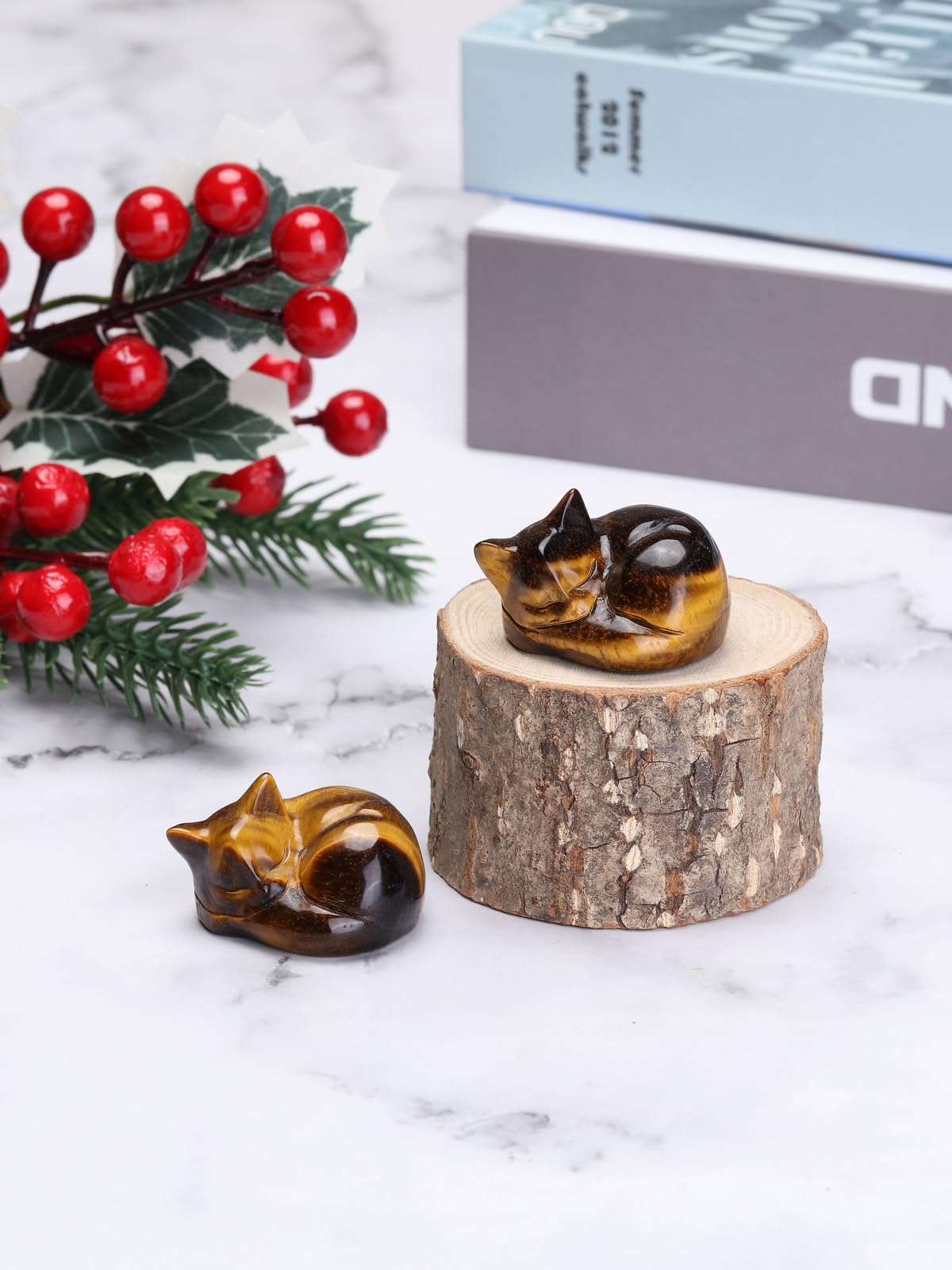 Jovivi Tiger Eye Sleeping Cat Crystal Figurine,1.6" Natural Stone Polished Carved Gemstones Lucky Kitten Statue Sculpture Home Office Desk Decor Cat Gifts for Women Cat Lovers