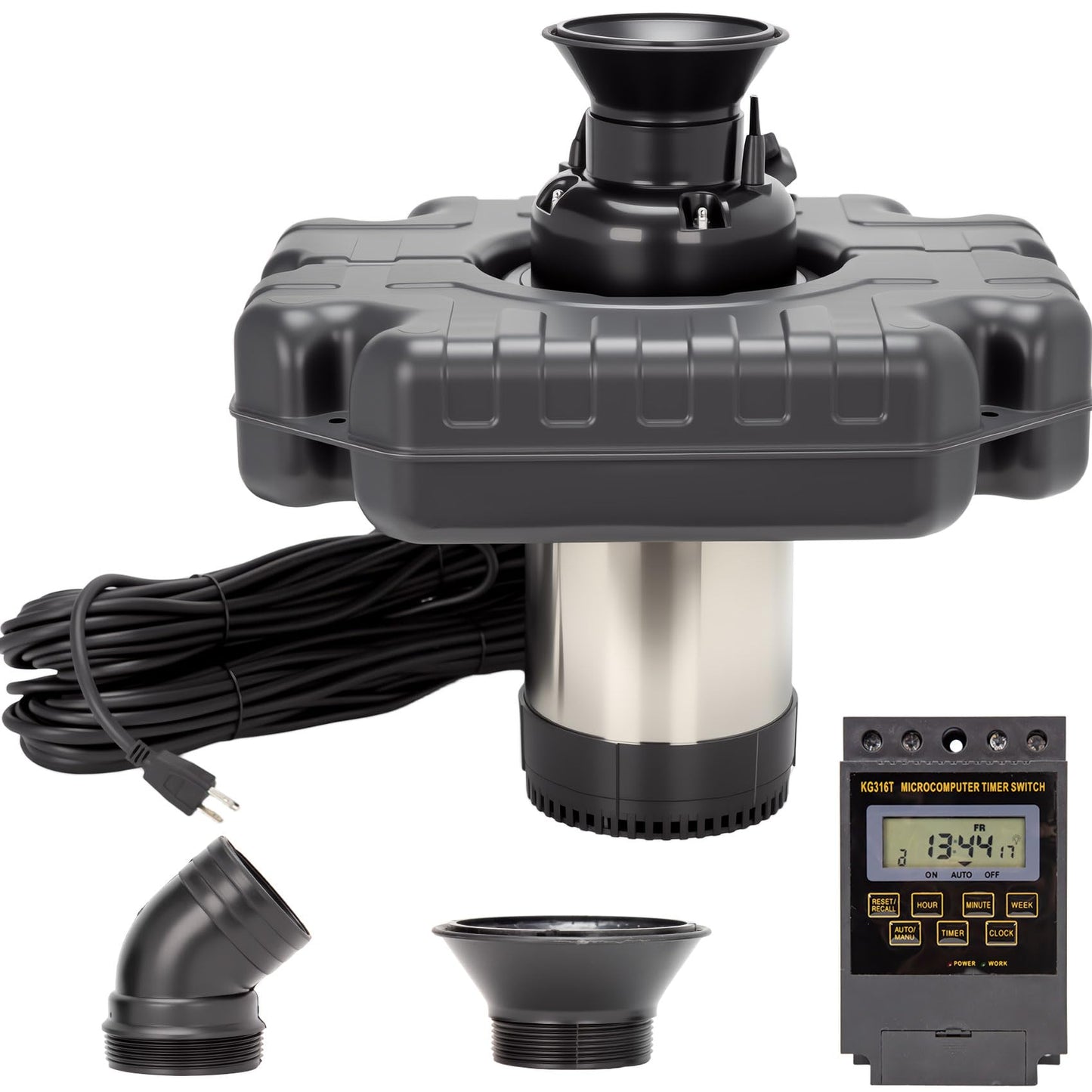 Ceelpeopar Stainless Steel Metal Pond Fountain Aerator, 1HP 110V 15000 GPH Fountain Pump, 100 FT Power Cord, Automatic Aerating Fountain Pump with Programmable Timer for Outdoor Large Ponds & Lakes
