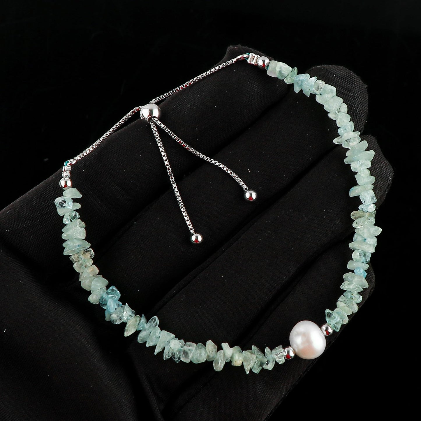 CRYSTALIS Natural Aquamarine Beads Slider Bolo Bracelet with Elegant Pearl, Uncut Chips Nuggets Crystals, Chakra Healing Gemstone, Women Jewelry, 925 Sterling Silver Slider 10 inch