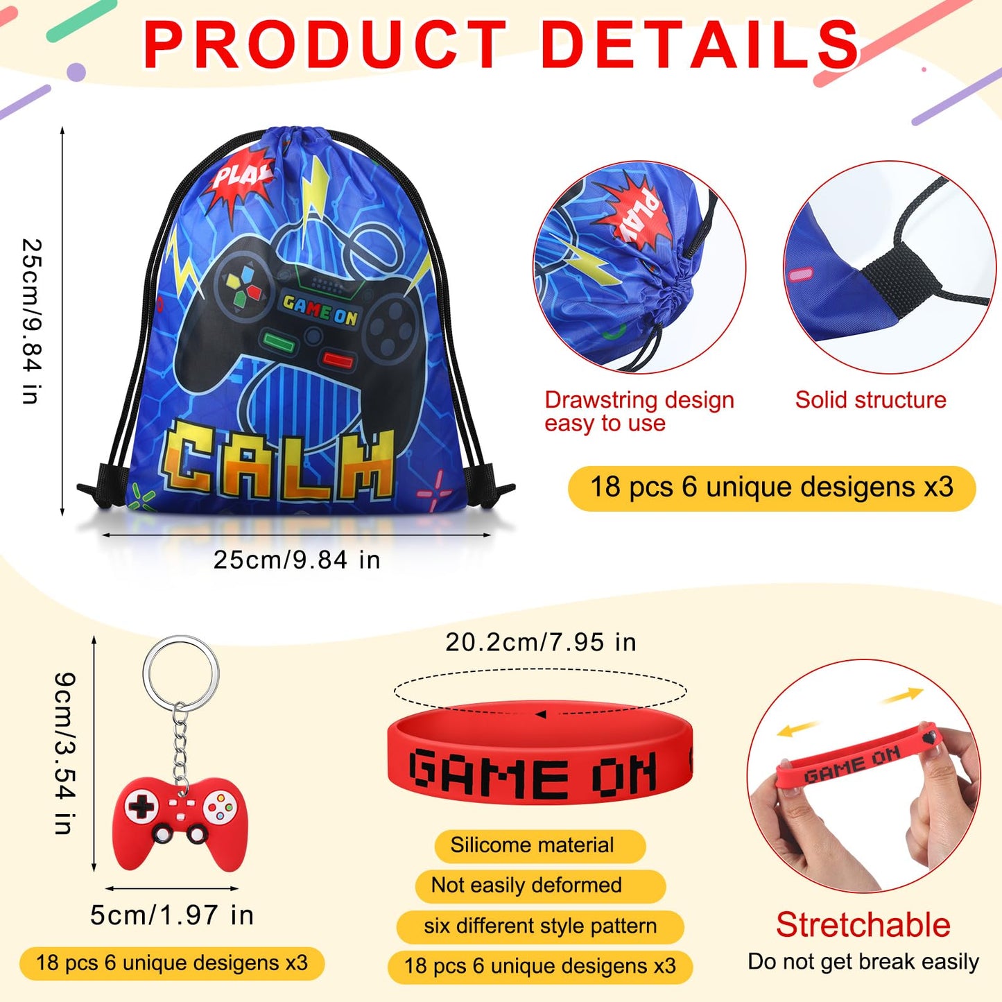 Sadnyy 140 Pcs Gaming Party Favors Video Game Birthday Decorations Supplies Drawstring Bags with Silicone Bracelets Keychains Straws Button Pins Stickers for Party Rewards Goodie Bags Stuffers