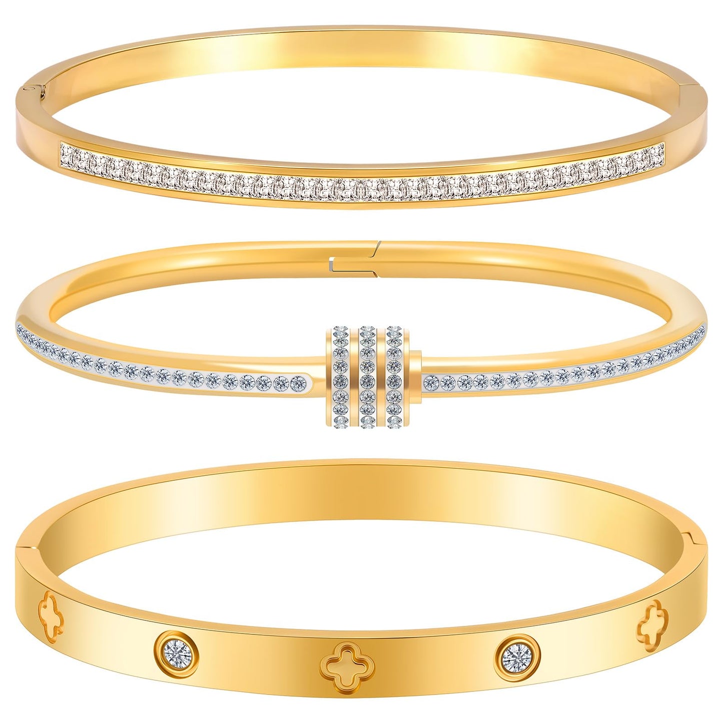 Camhanno Gold Bracelets for Women - Crystal Stackable Bangles with Friendship & Love Theme - Stainless Steel Jewelry, Ideal Birthday Gift (Style 6)