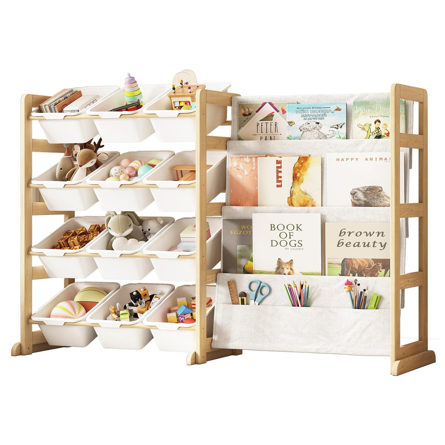 EXPERLAM Toy Storage Organizer with Bookshelf - 12 Storage Bins 4-Tier Multipurpose Shelf to Organize Toys and Books for Kids Room, Playroom, Nursery Room, White