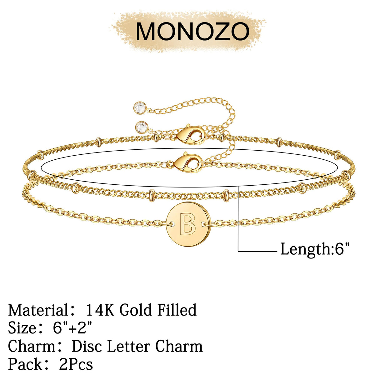 MONOZO Gold Initial Bracelets for Women, Dainty 14K-gold-plated Layered Beaded B Letter Initial Bracelet Personalized Alphabet Disc Monogram Charm Bracelet Jewelry Gifts