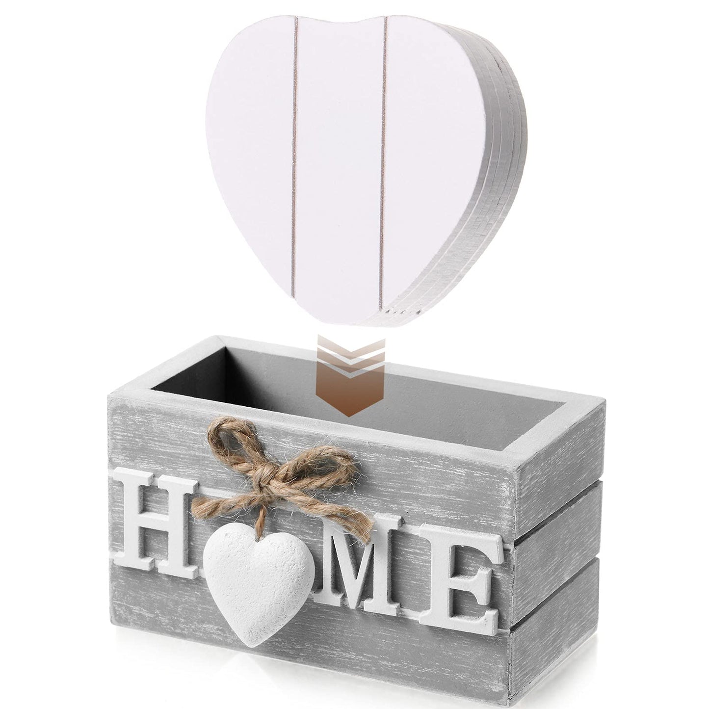 Patelai Set of 6 Wooden Heart Coasters House Warming Gifts New Home White Elephant Gifts for Adults Funny Farmhouse Coasters with Holder for Coffee Table Protection Decoration(Home,Grey)
